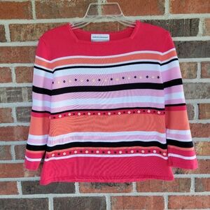 Alfred Dunner Women's Petite Square Neck Pink,Coral & Black Cotton Blend Sweater